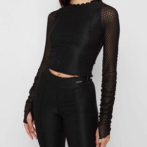 RUCHED MESH LONG SLEEVE TOP WITH MATCHING MESH FLARED TROUSERS